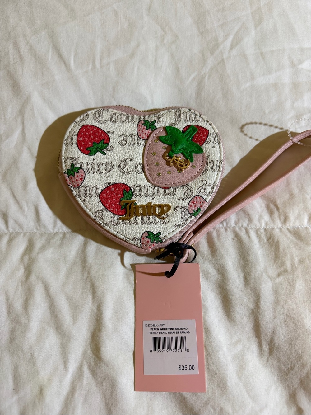 Juicy Couture Cream & Pink Strawberry Heart Wristlet